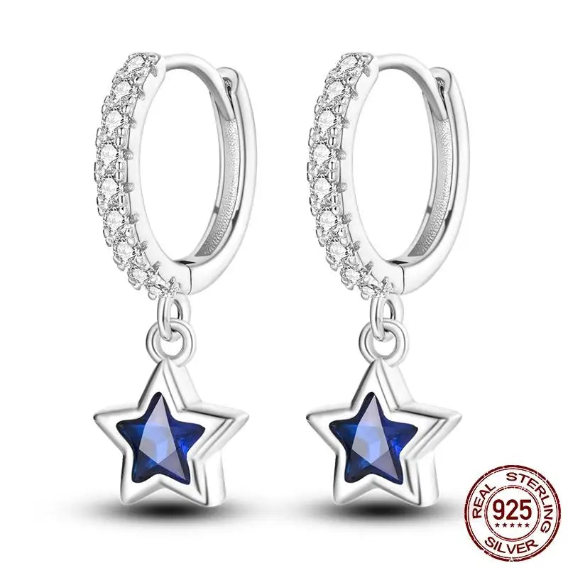 Leuchtende Muschel-Ohrringe für Damen, Original-Ohrringe aus 925er-Sterlingsilber, Pavé-CZ-Stern, Mond, Creolen, Verlobung, Hochzeit, Schmuck