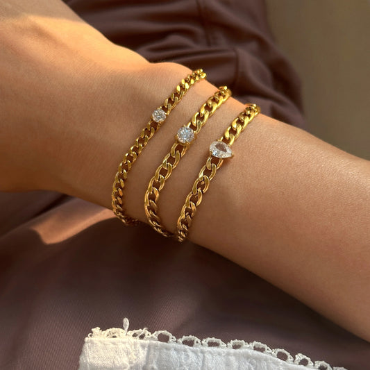 DASEIN 18 Karat vergoldetes römisches französisches weißes Tropfen-Zirkon-kubanisches Kettenarmband-Set, superglanzter Edelstahl-Vintage-Schmuck
