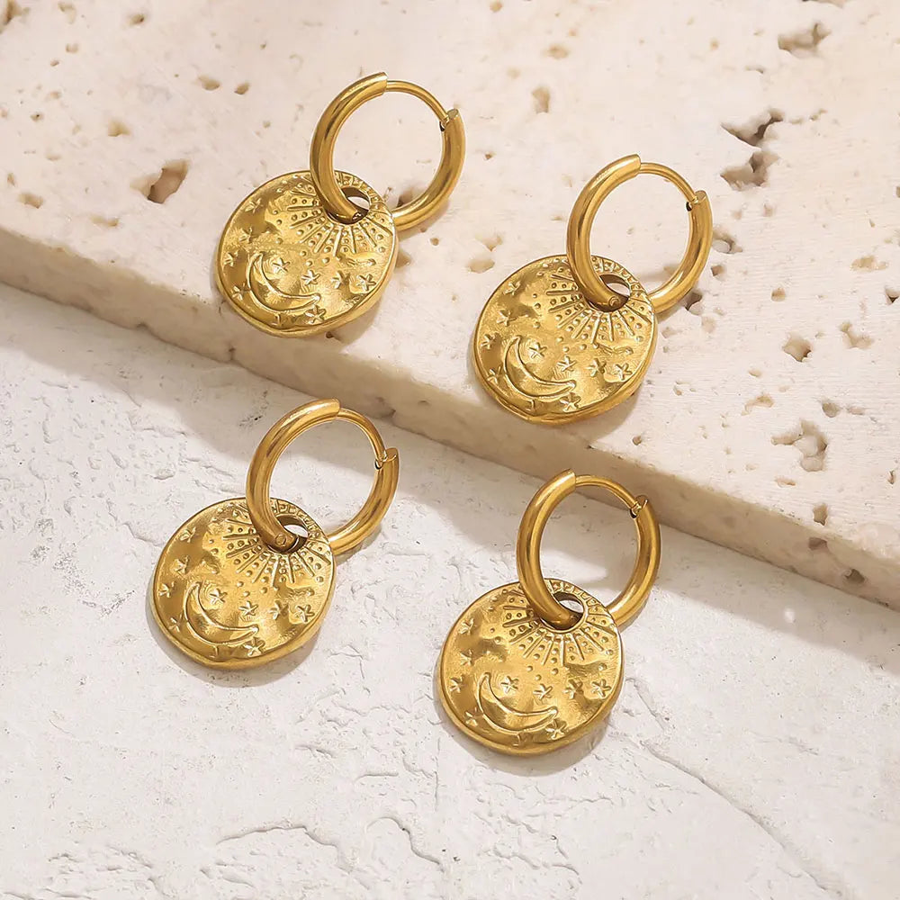 PVD Goldene Edelstahl-Creolen, Handwerkskunst, geheimnisvoller Schmuck, Accessoires, baumelnde Ohrringe für Frauen, Geschenk, täglich, Boho