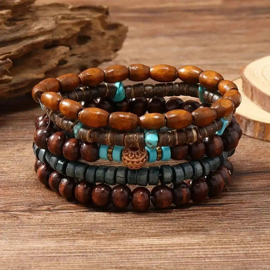 5-teiliges Set im Retro-Stil, einfach und modisch, cooles Armband, Kokosnussschalen-Armband mit Holzperlen. Geeignet für Männer/Damen/Paare Dail