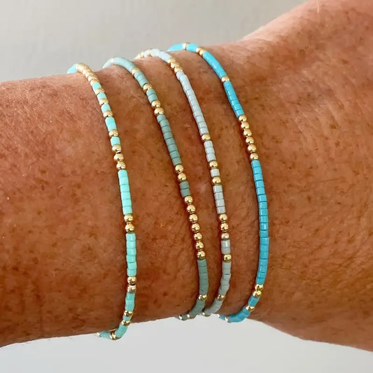 4-teiliges türkisfarbenes Rocailles-Stretch-Armband-Set, Böhmen, goldfarben, Glasperlen, elastisch, handgefertigt, für Mädchen, Urlaubsschmuck