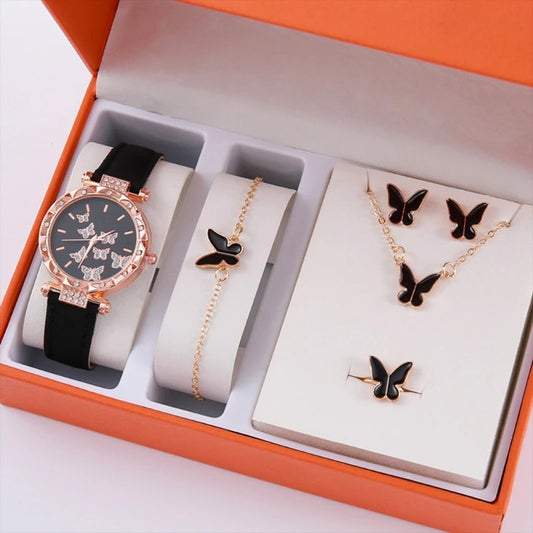 Schmetterlings schmuck Set (ohne Box) Frauen Uhren weibliche Leder Uhren ringe Halskette Ohrringe Armband Hochzeits geschenk