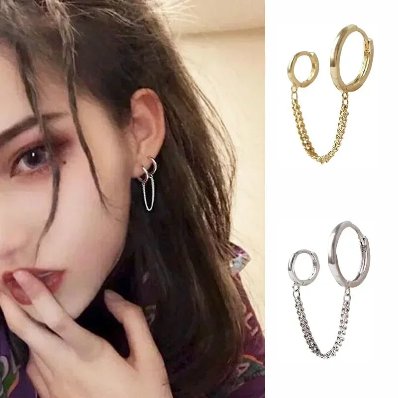 Punk Coole Zwei Loch Piercing Ohrringe Gold Silber Farbe Lange Quaste Kette Tropfen Ohrringe für Frauen Mode Schmuck Geschenke Koreanische