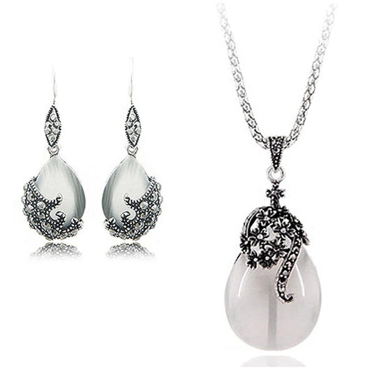 Vintage 925 Sterling Silber Schmuck Sets Für Frauen Mode Wasser Tropfen Form Cat Eye Stein Anhänger Halskette Ohrring Set