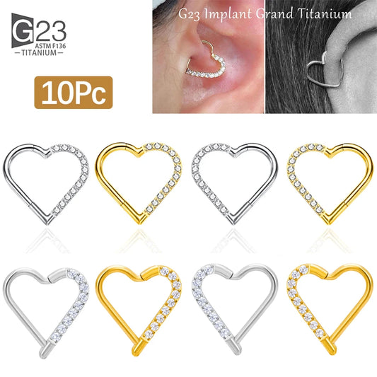 10 Stück ASTM F136 Titan Daith Herz Ohrring Hoop Knorpel Tragus Helix Ringe Scharniersegment Hoop mit klarem CZ