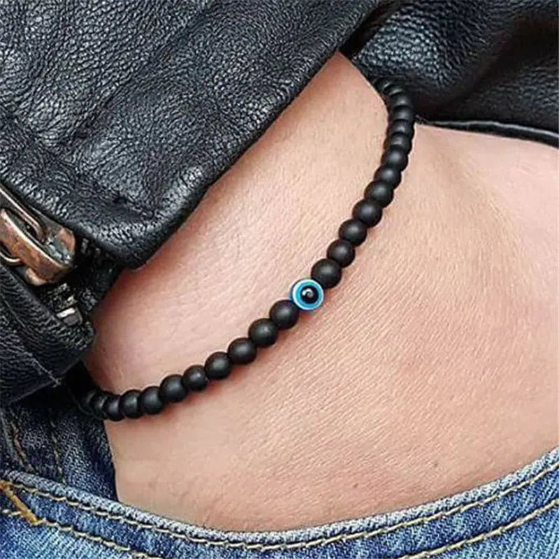 2 Stück türkische blaue böse Augen Armband schwarze Natursteinperlen Obsidian Männer Beacelet für Frauen Männer Yoga Hand Schmuck Geschenke 6 mm