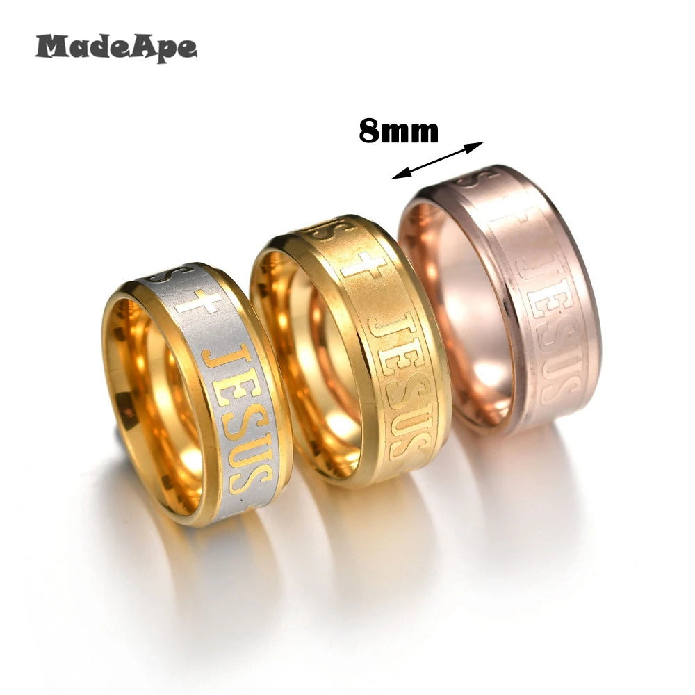 MadApe Klassischer Schmuck, 8 mm, Edelstahl, Buchstabe Bibelringe, Schwarz, Silber, Farbe, Roségold, Band, Jesus-Kreuz-Ring für Männer und Frauen