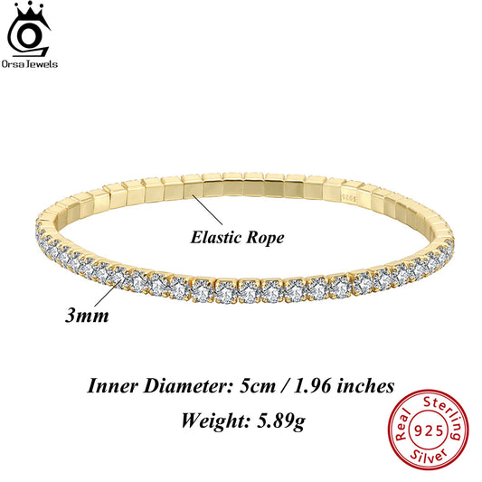 ORSA JEWELS 3 mm funkelndes 5A-Tenniskettenarmband mit kubischem Zirkonia, 925er Sterlingsilber, 14 Karat vergoldetes elastisches Seil, vorhanden SB217