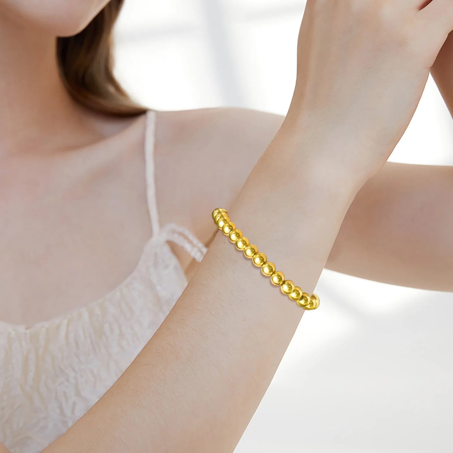 Vnox elastisches, verstellbares, vergoldetes Perlenarmband für Damen, minimalistischer, stapelbarer Edelstahl-Perlenketten-Schmuck im Ins-Stil