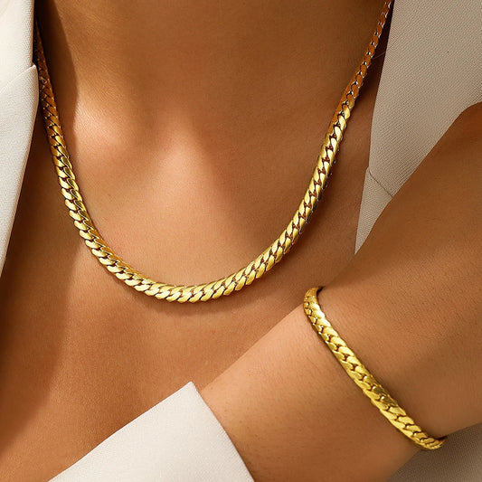 DOTIFI Edelstahl Einfache Flache Kubanische Kette Armband Halskette Schmuck-Set 18k Gold Überzogene Mode Dicke Kette Mode Schmuck