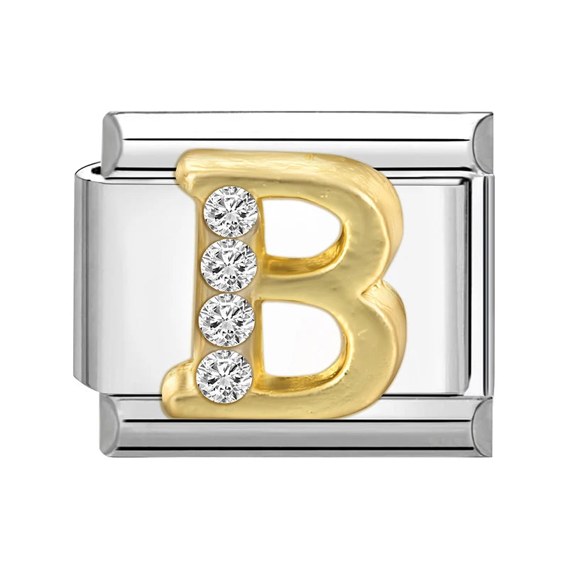 Neues modisches italienisches Armband mit 26 englischen Buchstaben, Edelstahl-Armreif, goldfarben, eingelegter Zirkonia, DIY-Herstellung von Schmuck, Geschenken