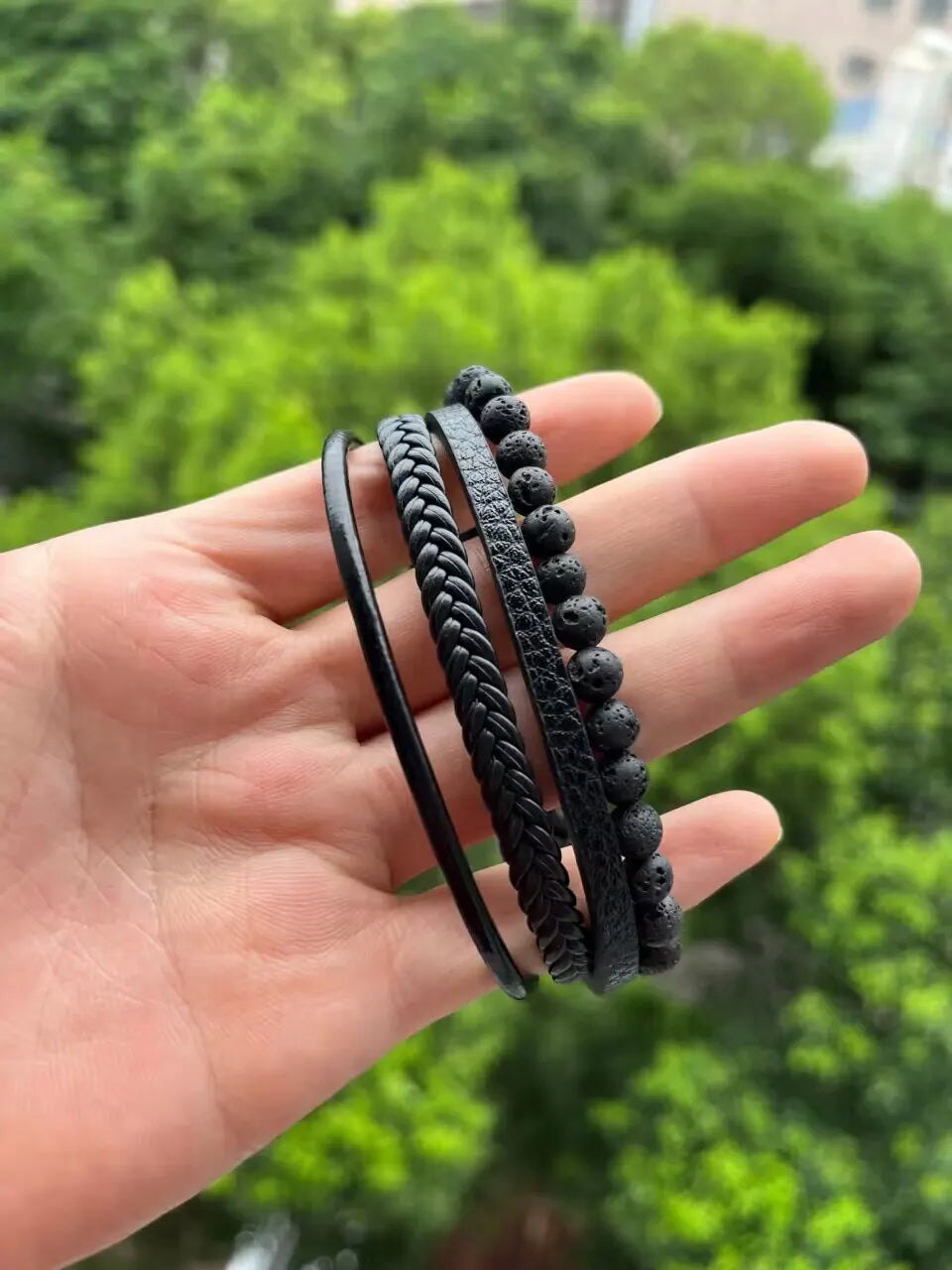 Mode Vulkanstein Perlen Armband Mutilayer Geflochtenes Leder Armband Für Männer Edelstahl Magnetische Armreif Schmuck Geschenk