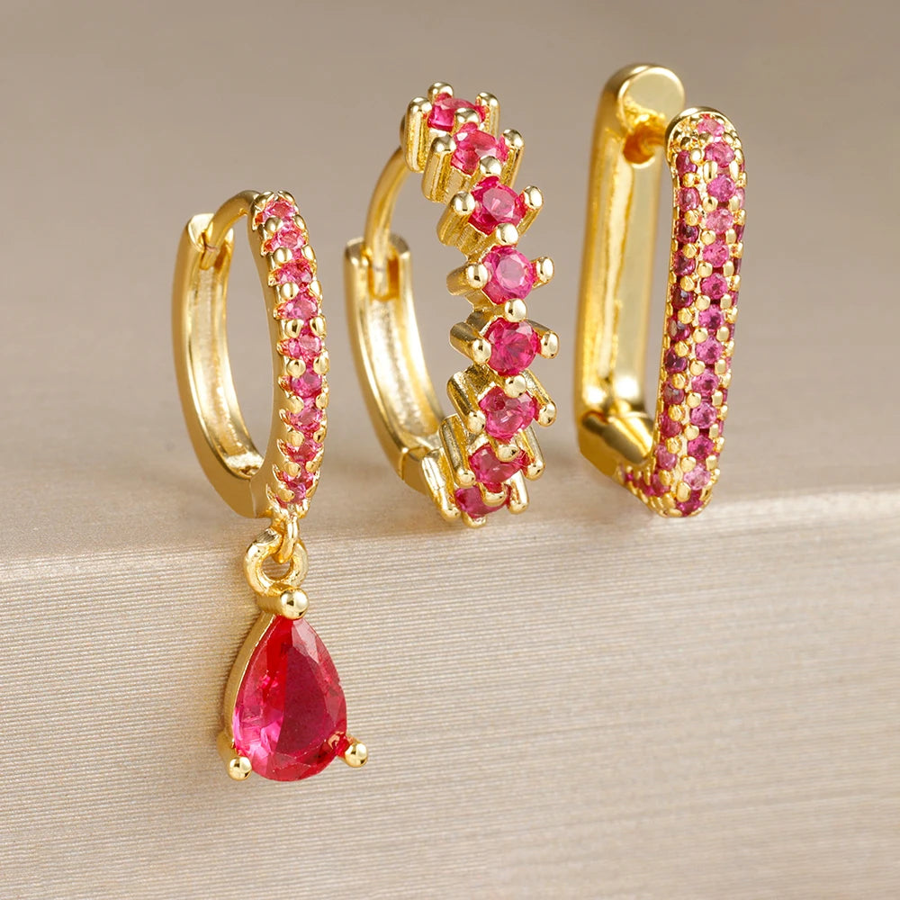3PCS Mode Zirkonia Wasser Tropfen Anhänger Ohrring Set für Frauen Edelstahl Runde U-form Hoop Ohrring Piercing schmuck
