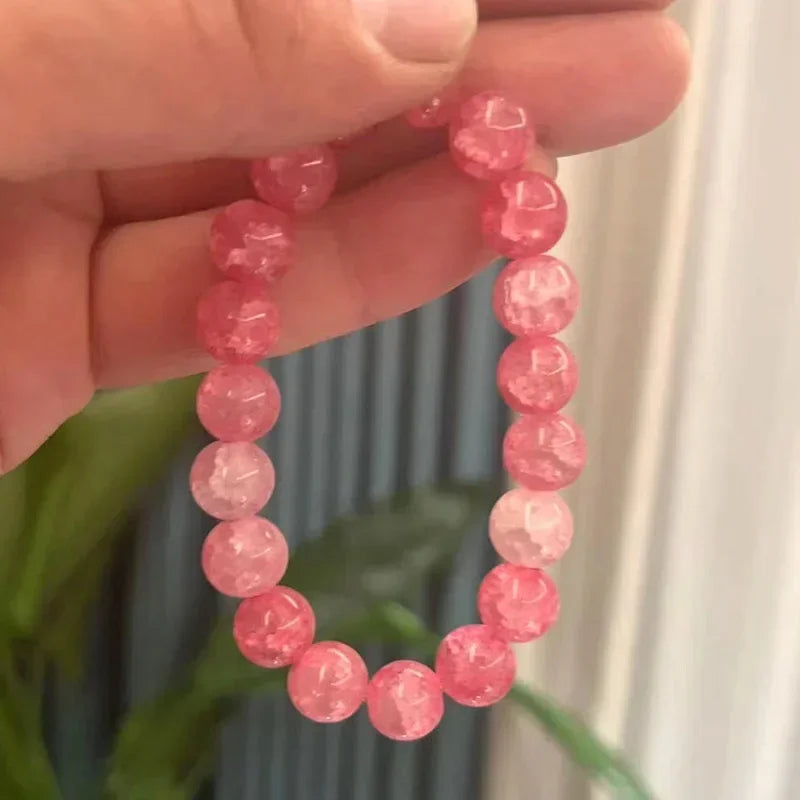 Natürliches rosa/buntes Kristall-/Porzellan-Armband mit Eis-Rissmuster und gemusterten Perlen, einzelner Kreis, glücklicher Heilstein, Schmuck, Geschenk