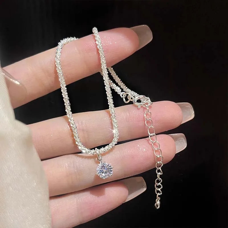 Glänzende Zirkonia-Ketten-Fußkettchen für Damen, modisch, silberfarben, Knöchelarmband, Barfuß-Sandalen, Fußschmuck