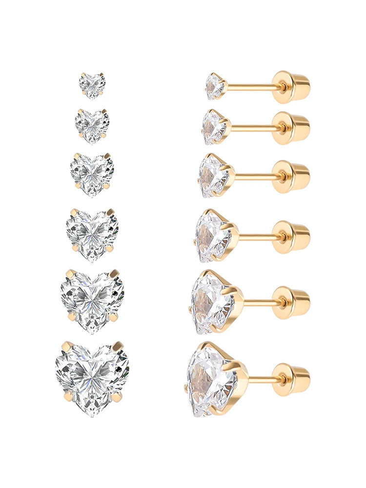 6-teiliges Ohrstecker-Set aus Edelstahl mit Schraubverschluss, vergoldet, Herz, Stern, quadratisch, Prinzessinnenschliff, rund, Zirkonia, CZ