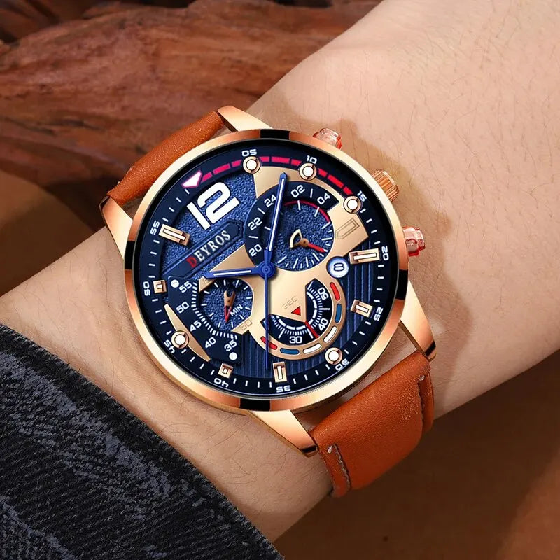 2 Stück Set Mode Herren Kalender Uhren Luxus männlich Business lässig braun Leder Quarzuhr Männer Armband Armbanduhr
