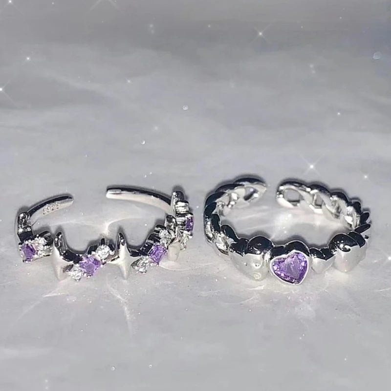 Neue Mode Shiny Lila Strass Öffnung Paar Ringe für Frauen Männer Vintage Kristall Stern Einstellbare Ring Liebhaber Y2K Schmuck