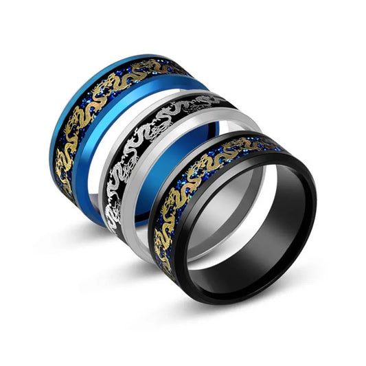 8mm Edelstahl Dominierenden Drachen Muster Ringe für Männer Frauen Punk Intarsien Blau Carbon Faser Ring bagues pour femme