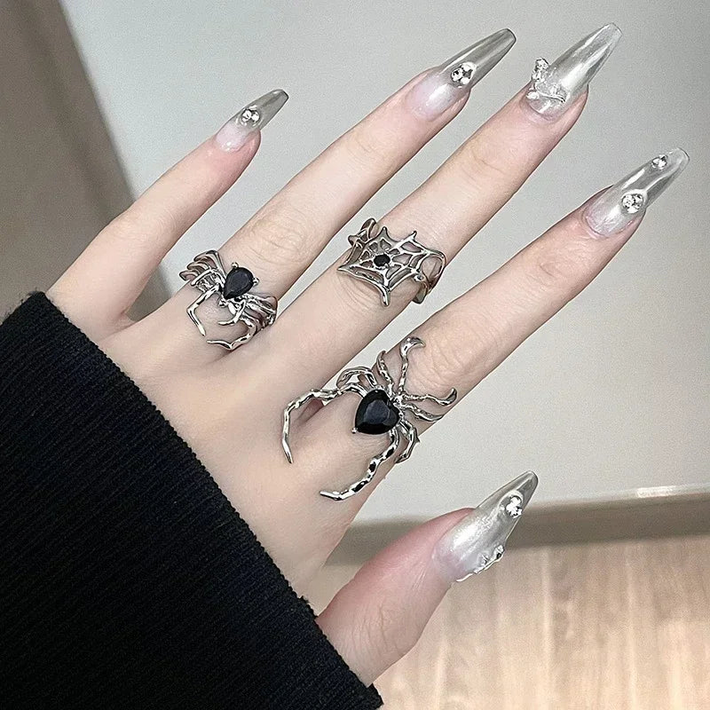 3 Stile Galvanik Schwarzes Herz Spinnennetz Öffnung Fingerringe Unregelmäßige Y2K Vintage Ringe Punk Gothic Schmuck Party Geschenke