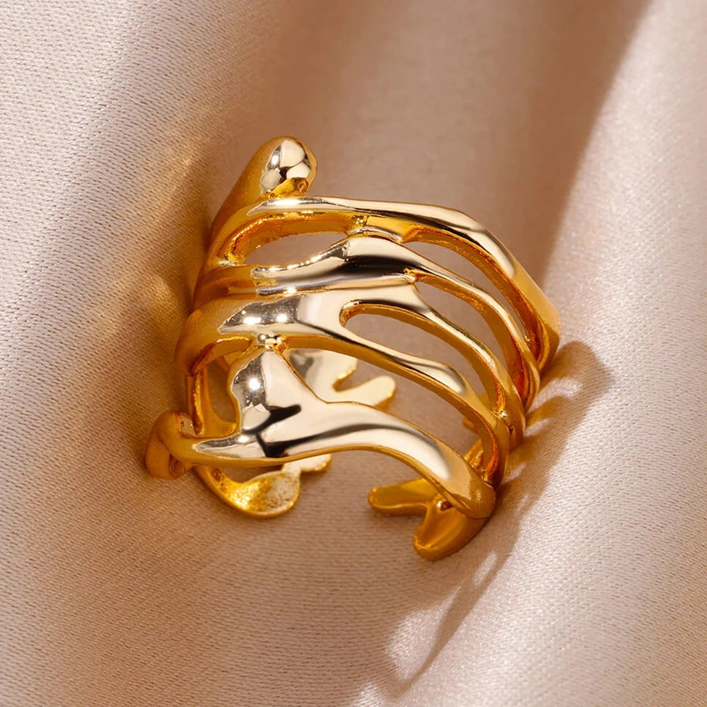 Edelstahl Ringe Für Frauen Männer Gold Farbe Hohl Weit Offenen Ring Weiblich Männlich Mode Hochzeit Party Finger Schmuck Geschenk 2024