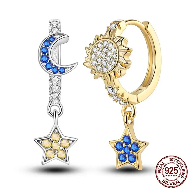 Leuchtende Muschel-Ohrringe für Damen, Original-Ohrringe aus 925er-Sterlingsilber, Pavé-CZ-Stern, Mond, Creolen, Verlobung, Hochzeit, Schmuck