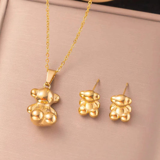 3PCS Anime Style 3D Cute Bear Ohrringe Halskette Set für Frauen Hochwertiger Edelstahl Nicht verblassend INS Paare Geschenk Schmuck