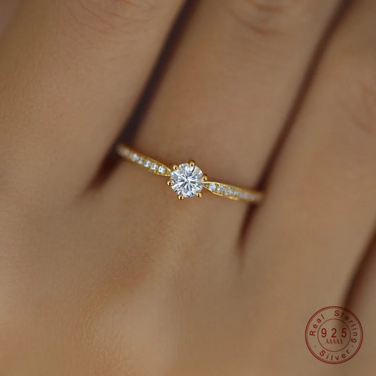 Ring aus 925er-Sterlingsilber mit 14 Karat Gold und glänzendem Zirkon für Damen, exquisiter Temperament-Hochzeitsschmuck