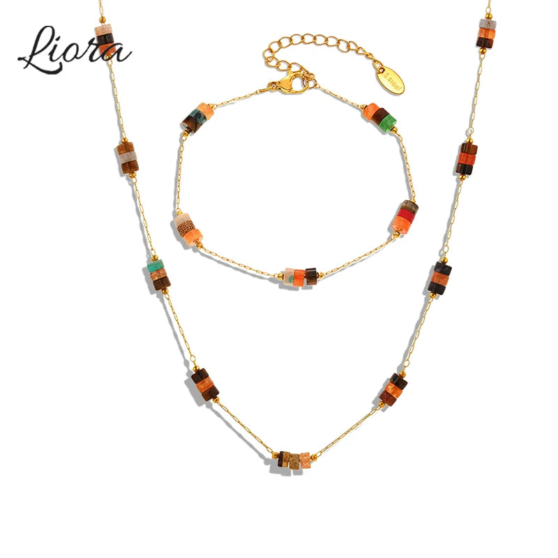 Liora No Anlauffarben Stein Halskette Armbänder Für Frauen Edelstahl Dünne Kette Schmuck Sets PVD Vergoldet Frauen Schmuck