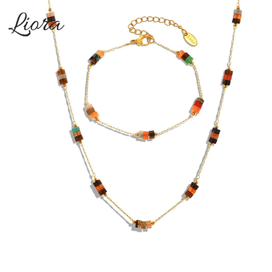 Liora No Anlauffarben Stein Halskette Armbänder Für Frauen Edelstahl Dünne Kette Schmuck Sets PVD Vergoldet Frauen Schmuck