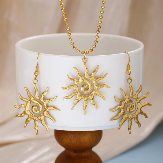 Sonnen-Halskette, Ohrringe, Set für Damen, Edelstahl, Goldkette, Feuer-Anhänger, Schmuck, Geschenk, hypoallergen, für den täglichen Gebrauch