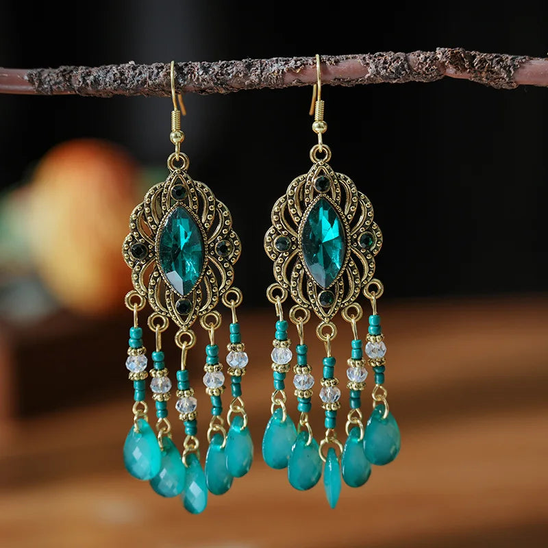 Vintage böhmischen langen Tropfen baumeln Ohrringe für Frauen geometrische Perlen handgemachte Quaste Kristall ethnischen Boho Hochzeit Ohrringe Schmuck