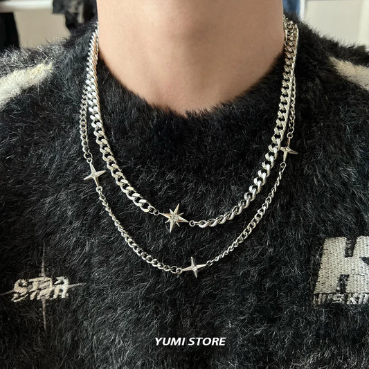 Hip Hop Doppel-schicht Stern Kreuz Halskette Für Mann Frau Titan Stahl Schlüsselbein Kette Choker Punk Männlichen Zubehör Großhandel