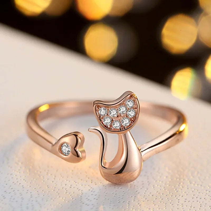 Neue Charme Kristall Offene Ringe Top Qualität Zirkonia Kristall Intarsien Niedlichen Tier Katze Ring für Frauen Mädchen Mode Tier