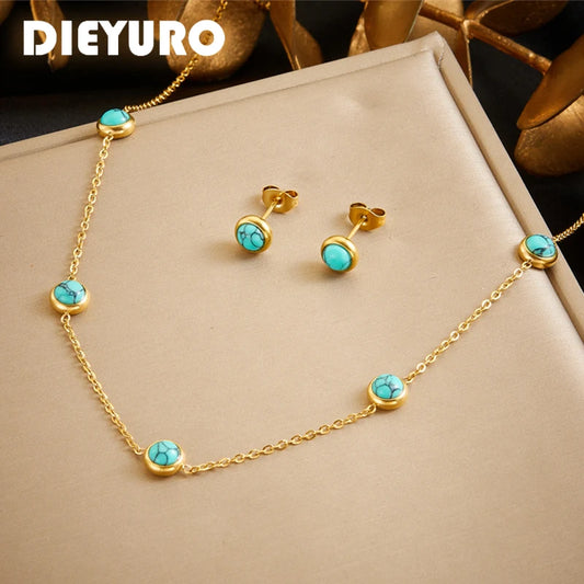 DIEYURO 316L Edelstahl Türkis Einfachheit Goldene Halskette Ohrringe Für Frauen 2024 Neue Mode Schmuck Set Party Geschenke