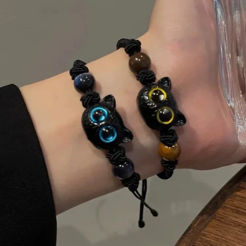 1/2 stücke Nette Natürliche Stein Schwarze Katze Armband Frauen Männer Mode Cartoon Tier Perlen Armbänder Handgemachte Mode Schmuck Geschenke