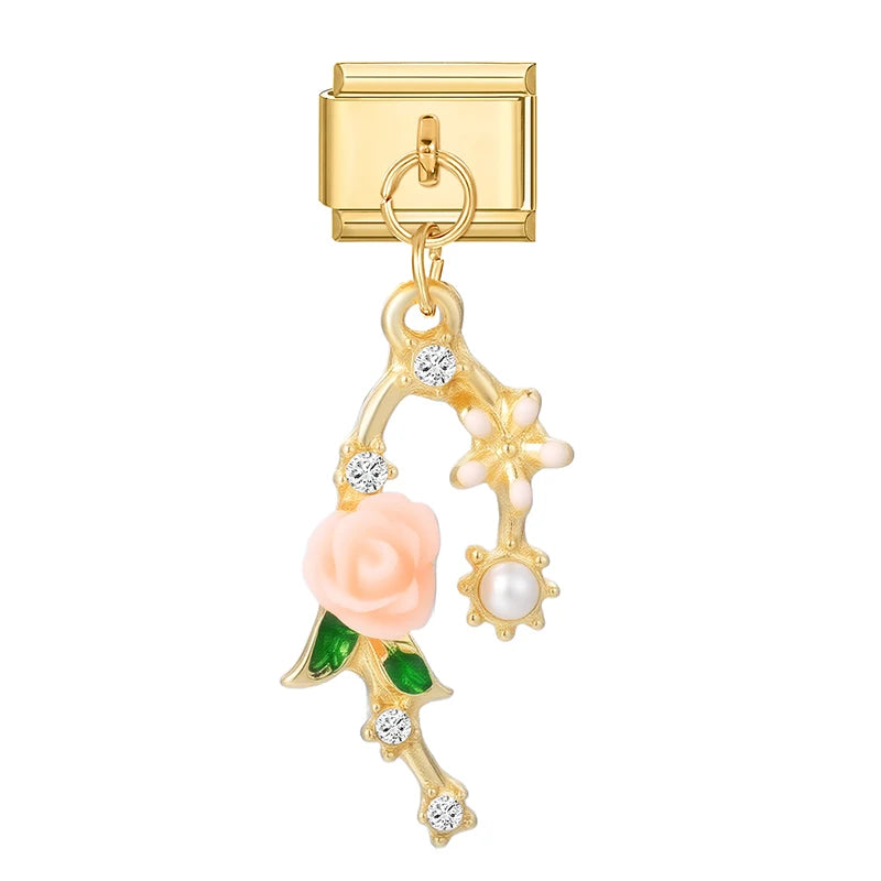 Neue Gold Farbe Blumen Blätter Vintage Anhänger Italienischen Charme Link Fit 9MM Edelstahl Armband Männer Frauen DIY Machen geschenke