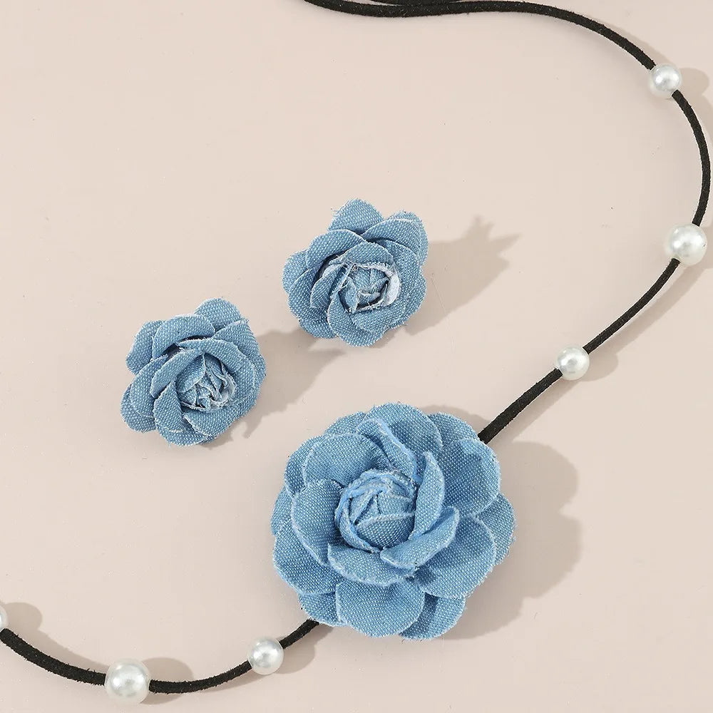 2-teiliges Denim-Kamelien-Perlen-Krawatten-Halsketten-Ohrring-Set für Damen, Modeschmuck, Geschenk