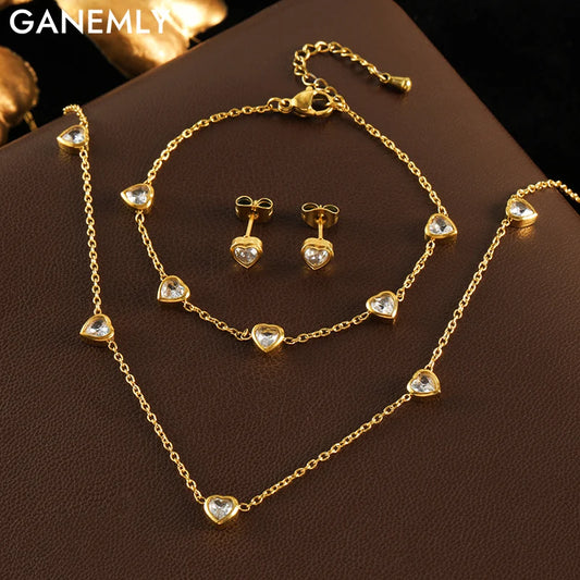 GANEMLY 316L Edelstahl Glänzende Herz Zirkon Halskette Armband Ohrringe Set Für Frauen Mode Luxus Wasserdicht Schmuck Set