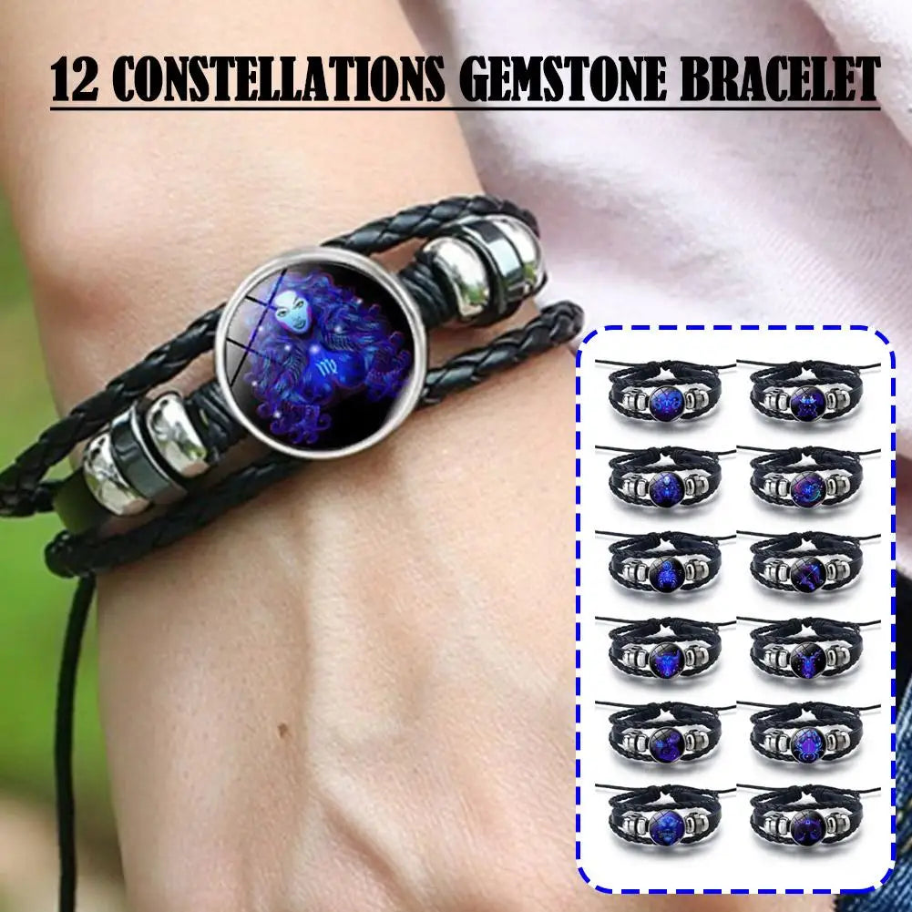 12 Sternbild Edelstein Leder Armband Männer Frauen Glas Armband Paar Leder mehr schicht ige Webart Geburtstags geschenk Armreif Edelstein