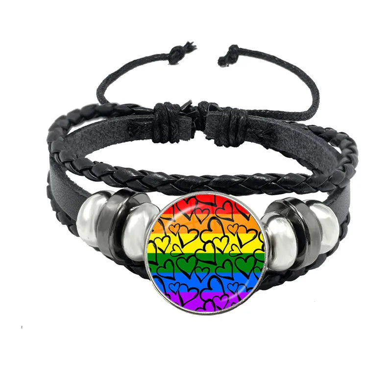 LGBT Schwarz Weave Leder Armband Bi Stolz Glas Cabochon Homosexuell Stolz Regenbogen Flagge Foto Armreif Schmuck Für Frauen Männer Liebhaber geschenk