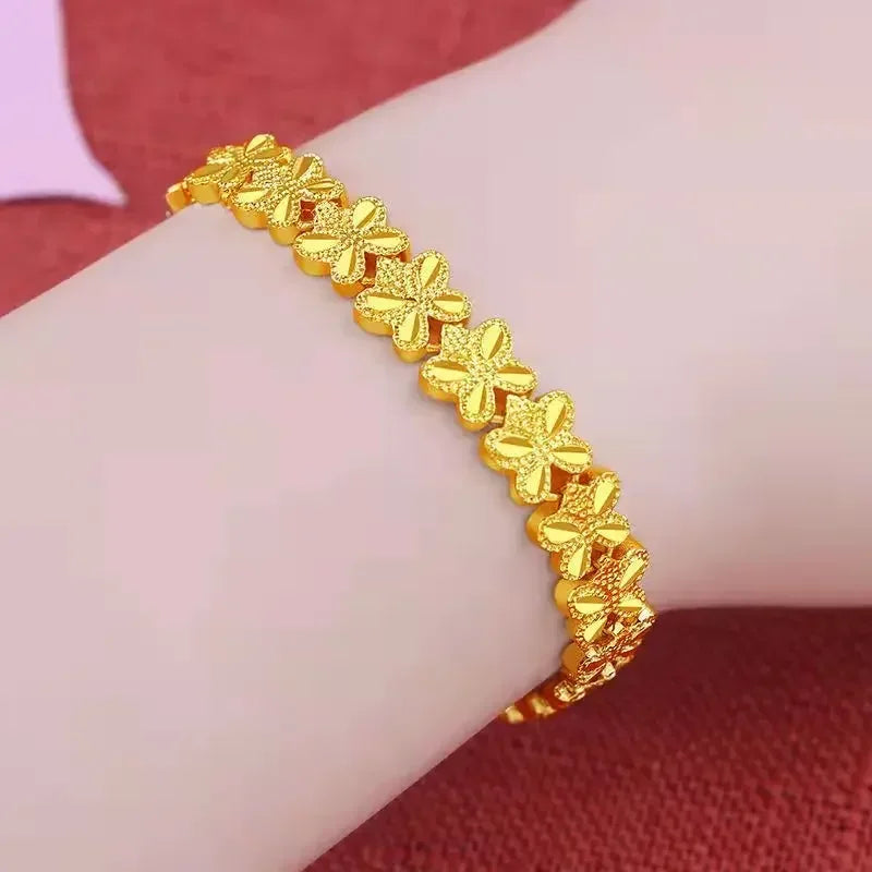 Überzogenes Goldarmband, weiblich, rein vergoldet, goldene Liebe, Glücksperle, Doppel-Herz-Phoenix-Schwanz-Schmetterlings-Armreif, Schmuck