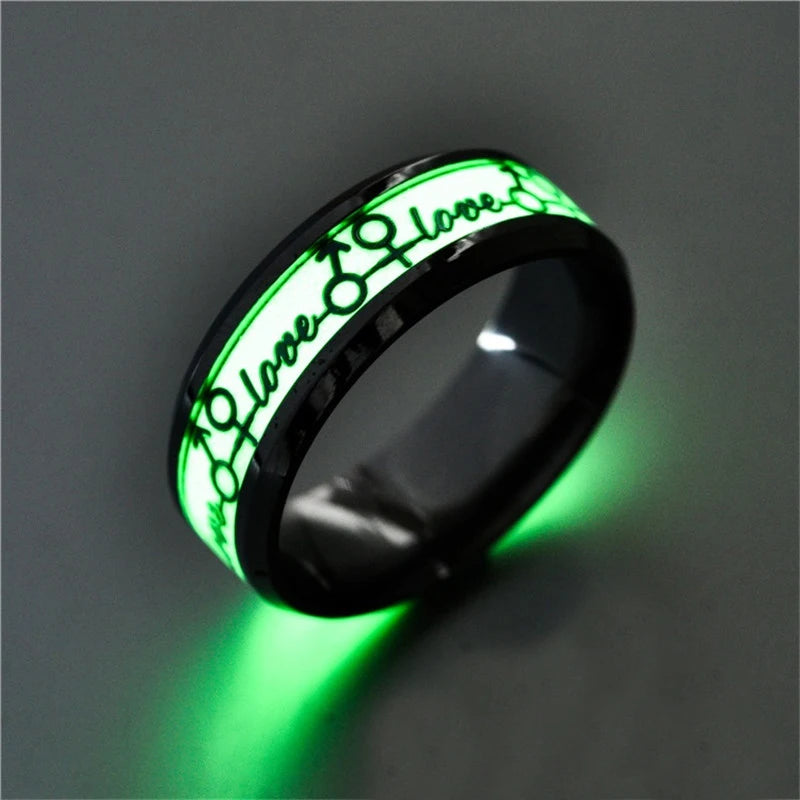 Leuchtender Edelstahl-Liebesherz-Paarring für Paare, EKG, leuchtet im Dunkeln, Herzschlag, fluoreszierende Ringe, Zubehör, Geschenke für Freunde