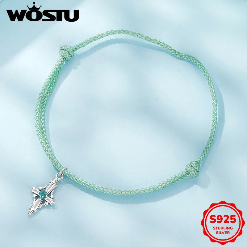 WOSTU Sternenlicht-Kreuz-Armband aus 925er-Sterlingsilber, grünes Seil für Damen, verstellbar, Glücksgeschenk, edler Schmuck