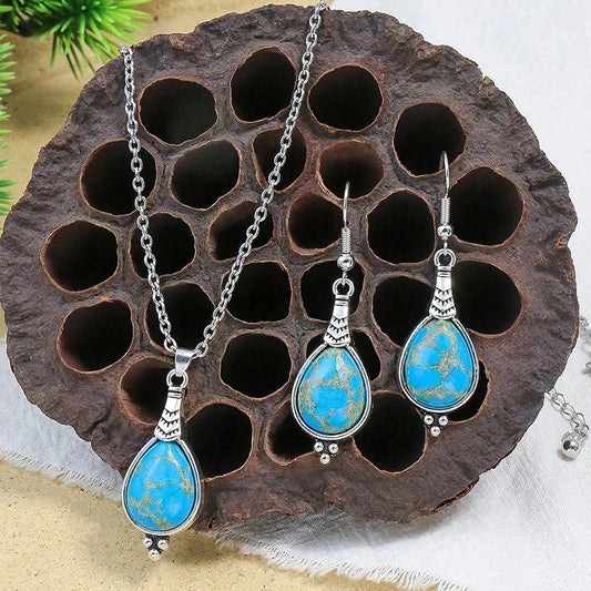 Mode Böhmischen Vintage Einfache Blaue Natürliche Stein Schmuck Set Frauen Silber Farbe Kette Lange Anhänger Halskette Waterdrop Ohrringe