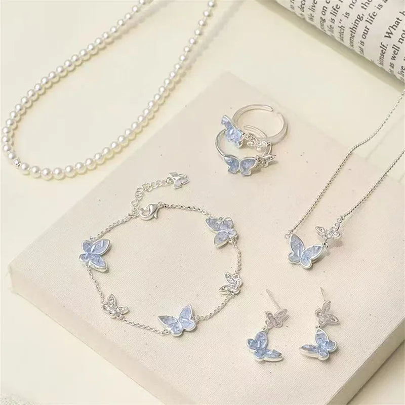 Mode Silber Farbe Kristall Schmetterling Schmuck Set Einstellbare Armband Ohrringe Halskette Ring für Frauen Handgemachte Neue Jahr Geschenk