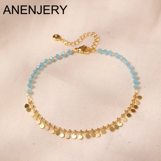 ANENJERY 18K vergoldete Quasten Charm Fußkettchen für Frauen Boho Sommer Armband Blauer Stein Perlen Handgefertigter Schmuck Großhandel