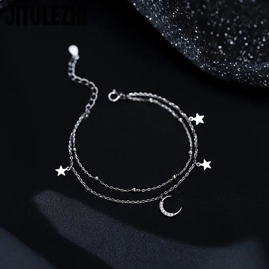 Armband aus 925er-Sterlingsilber für Damen, doppellagiges Stern- und Mond-Armband, faltbares Design-Sense-Sommer-Stern-Mond-Stern-Armband für Damen