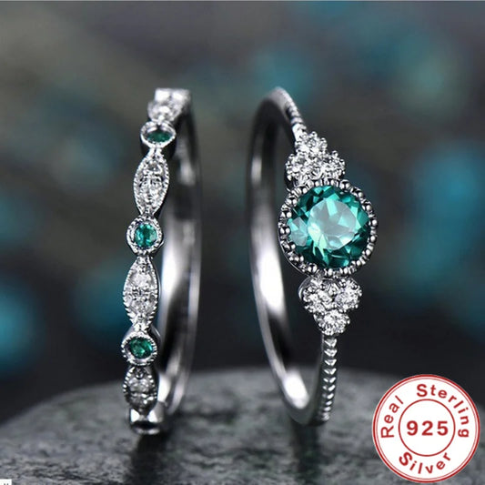 Ring-Set aus 925er-Sterlingsilber mit Smaragd-Zirkon-Kristallen für Damen, Verlobung, Hochzeit, Glamour-Schmuck, Geschenke