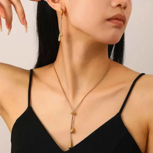 Edelstahl geometrische tropfenförmige Quaste Halskette Ohrringe für Frauen neue Party Geschenk Gold Farbe wasserdicht Schmuck Forexernosрия